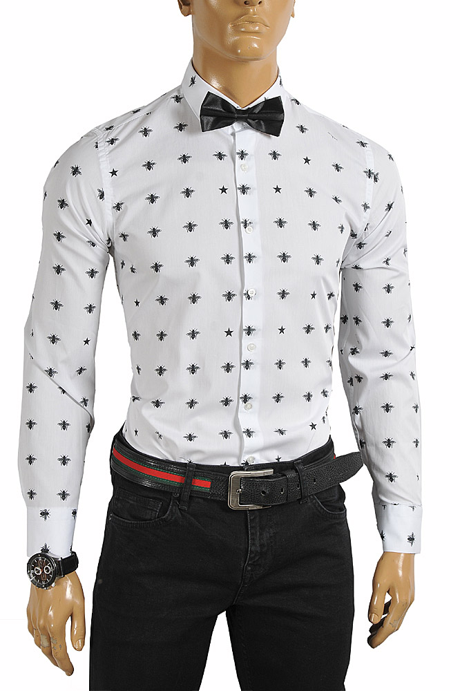 Mens Designer Clothes | GUCCI Menâ??s Dress shirt with bee print in white color 392
