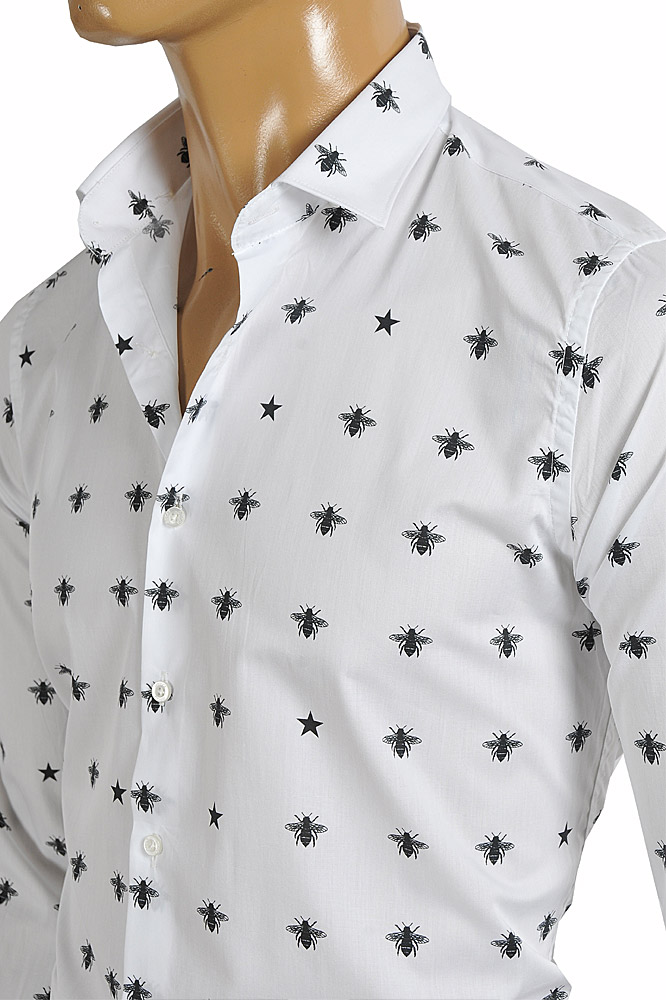 Mens Designer Clothes | GUCCI Menâ??s Dress shirt with bee print in white color 392