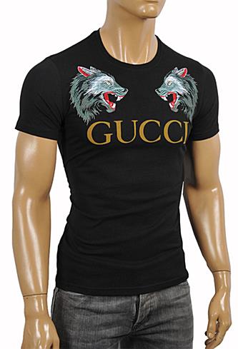 Mens Designer Clothes | GUCCI Cotton T-Shirt with Angry Wolfs Embroidery #218