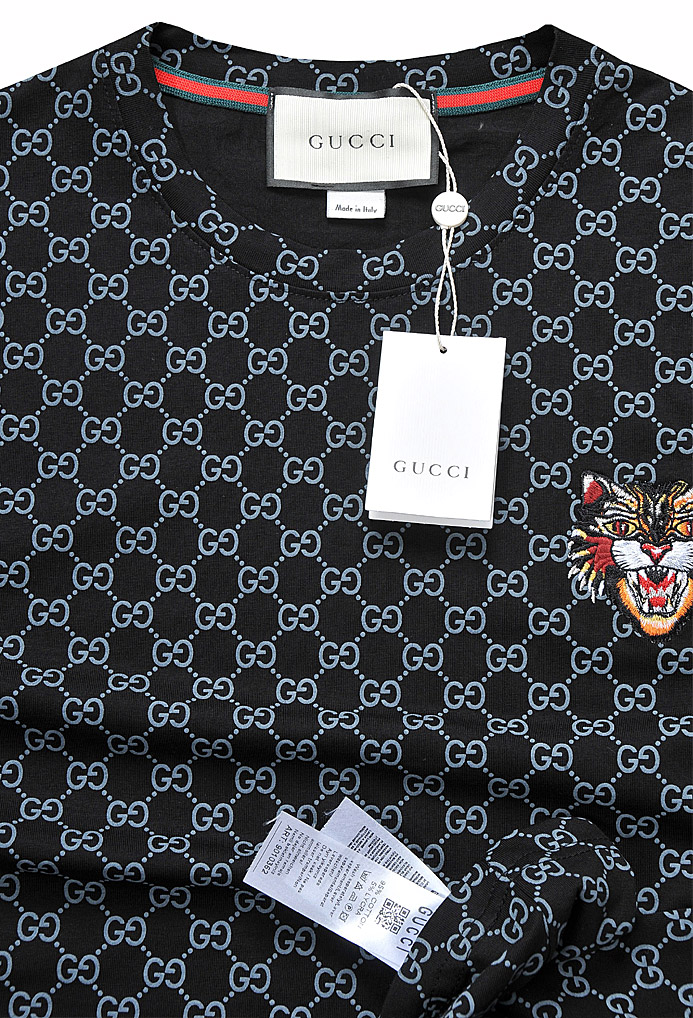 Mens Designer Clothes | GUCCI Cotton T-Shirt with Angry Cat Embroidery #246