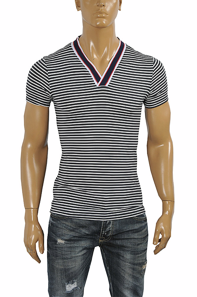 Mens Designer Clothes | GUCCI cotton V-neck T-shirt collar embroidery #249