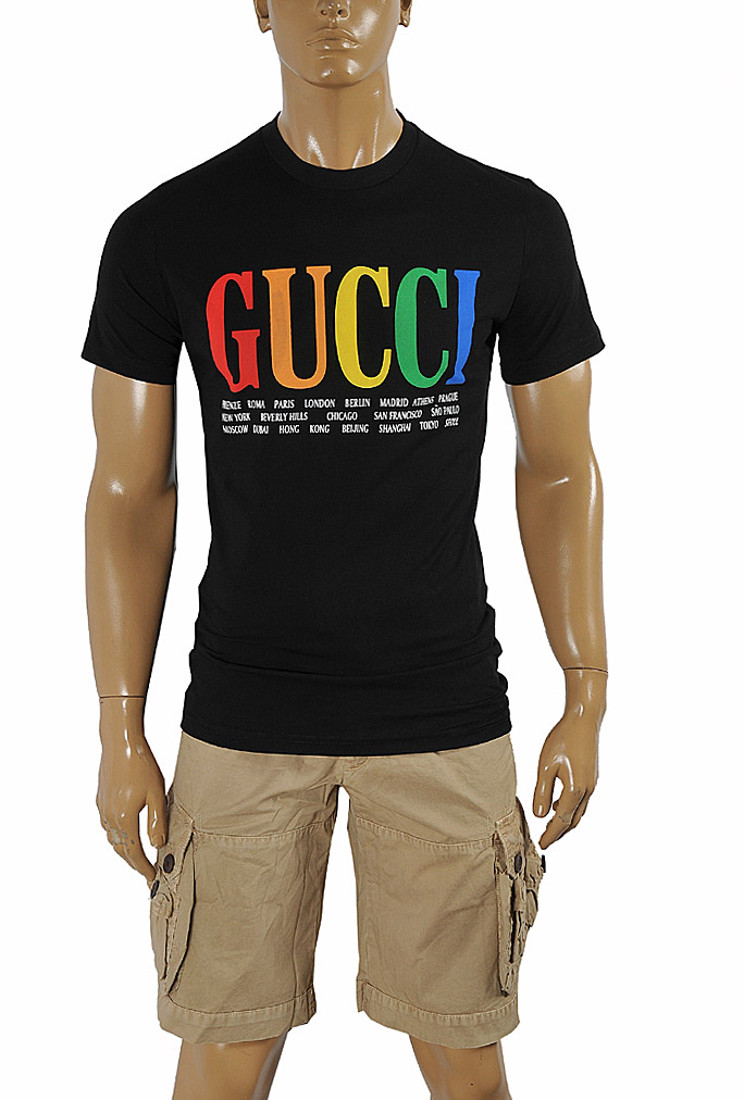 Mens Designer Clothes | GUCCI cotton T-shirt with front print in royal black 264