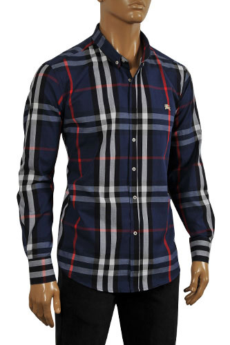 Mens Designer Clothes | BURBERRY Men's Button Up Dress Shirt In Navy Blue #139
