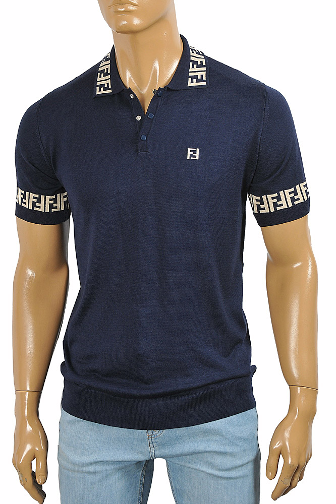 Mens Designer Clothes | FENDI men’s polo shirt in navy blue, FF print 50