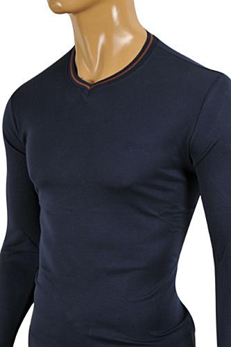 Mens Designer Clothes | GUCCI Men's V-Neck Long Sleeve Shirt In Navy Blue #327