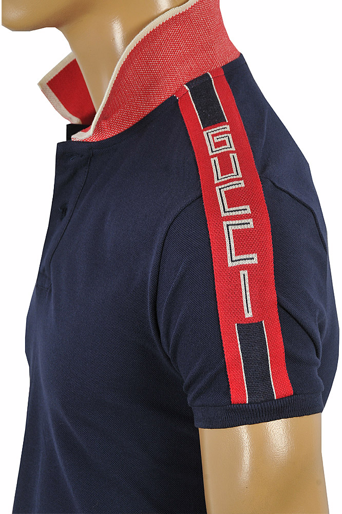 Mens Designer Clothes | GUCCI menâ??s cotton polo with GUCCI stripe in navy blue color #
