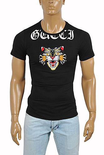 Mens Designer Clothes | GUCCI Cotton T-Shirt with Angry Black Cat Embroidery #214