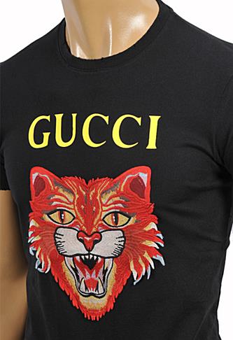 Mens Designer Clothes | GUCCI Cotton T-Shirt with Angry Red Cat Embroidery #221