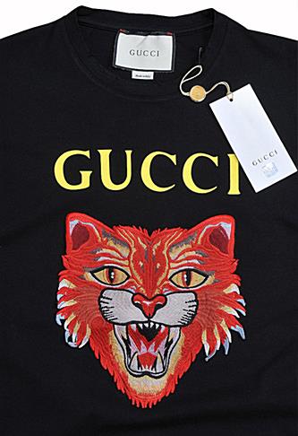 Mens Designer Clothes | GUCCI Cotton T-Shirt with Angry Red Cat Embroidery #221