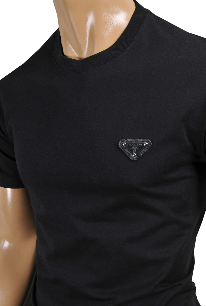 Mens Designer Clothes | PRADA Men's t-shirt in black with metal logo patch 122