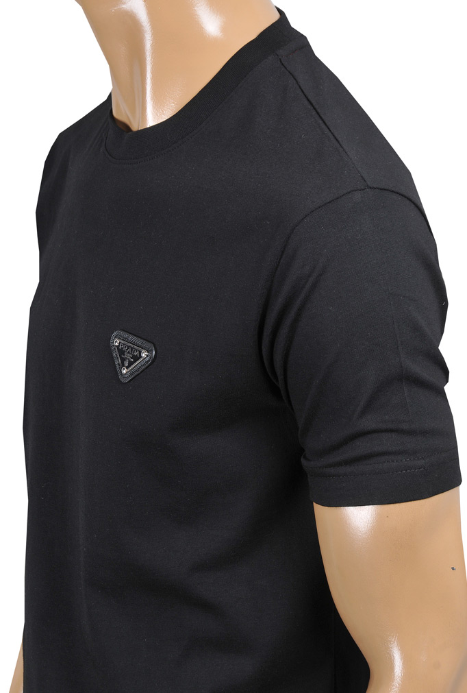 Mens Designer Clothes | PRADA Men's t-shirt in black with metal logo patch 122