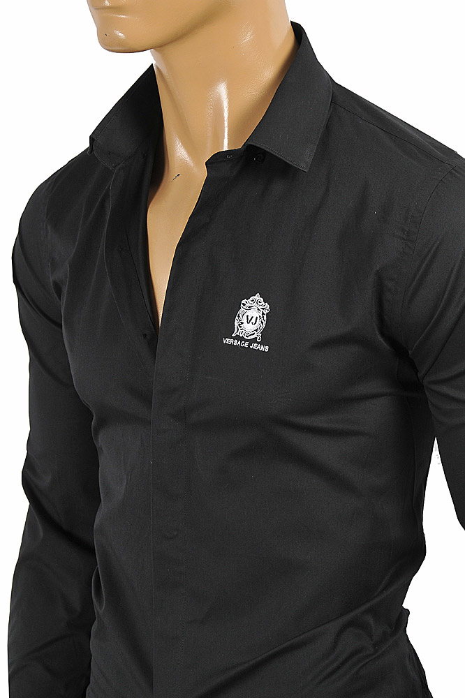 Mens Designer Clothes | VERSACE Men's Dress Shirt In Black With Embroidery 183